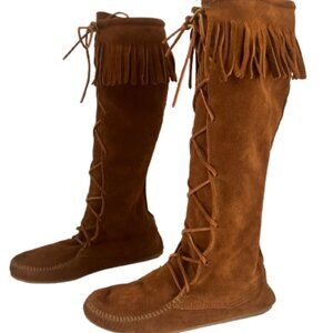 Minnetonka #1622 Brown Suede Lace Up Knee High Moccasin Boots Women's Size 8